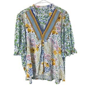 Bunulu Art To Wear Top 3x Womens Plus Size Geometric Print Multicolor V Neck